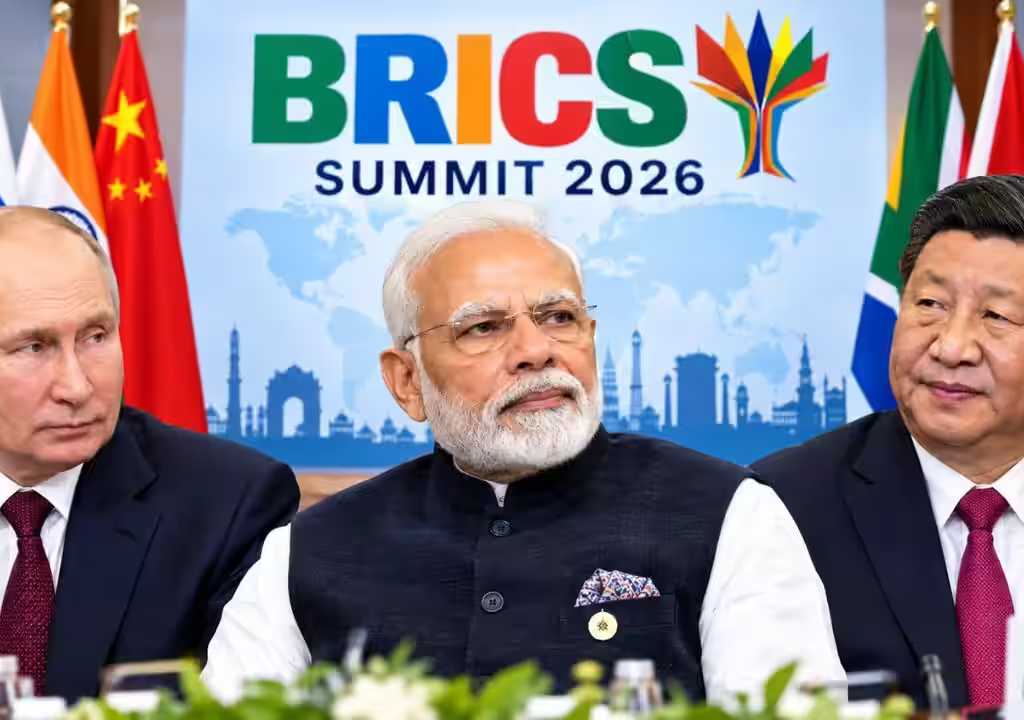 BRICS Summit 2026 में प्रधानमंत्री नरेंद्र मोदी, शी जिनपिंग और व्लादिमीर पुतिन