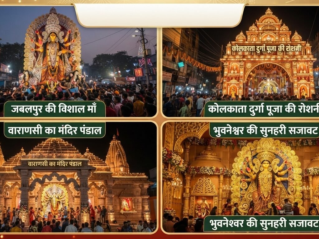 नवरात्रि 2026 में भारत के भव्य दुर्गा पंडाल और माँ दुर्गा की विशाल प्रतिमाएँ