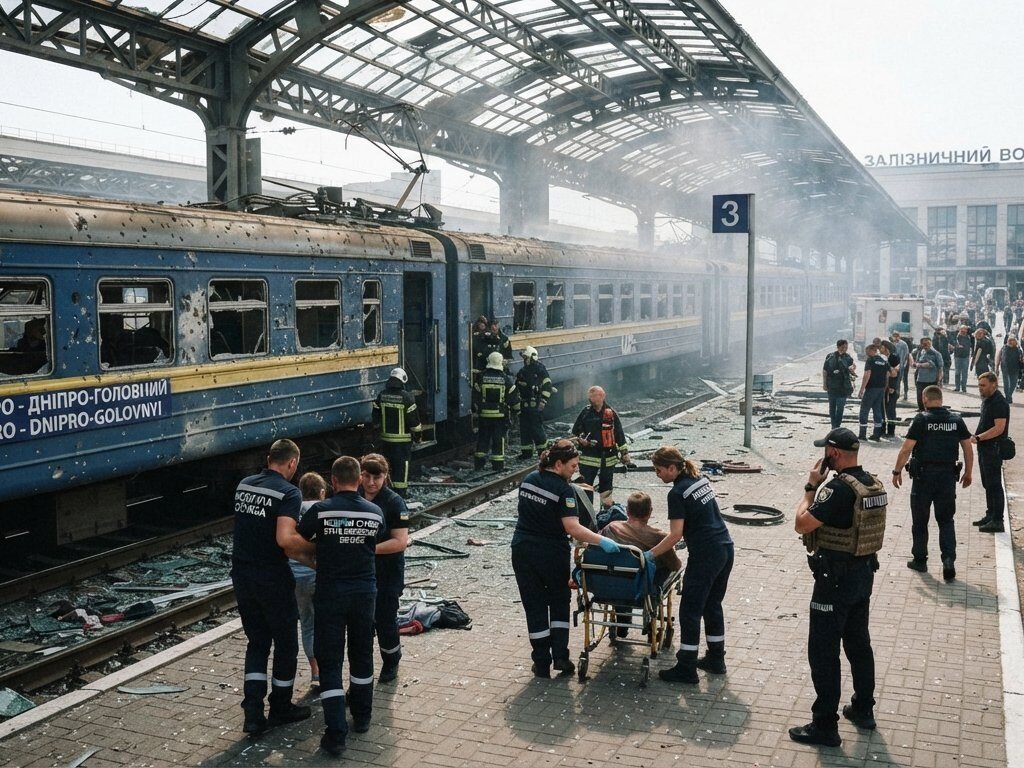 Emergency responders at Dnipro railway station after a drone strike in Ukraine on October 29, 2026.