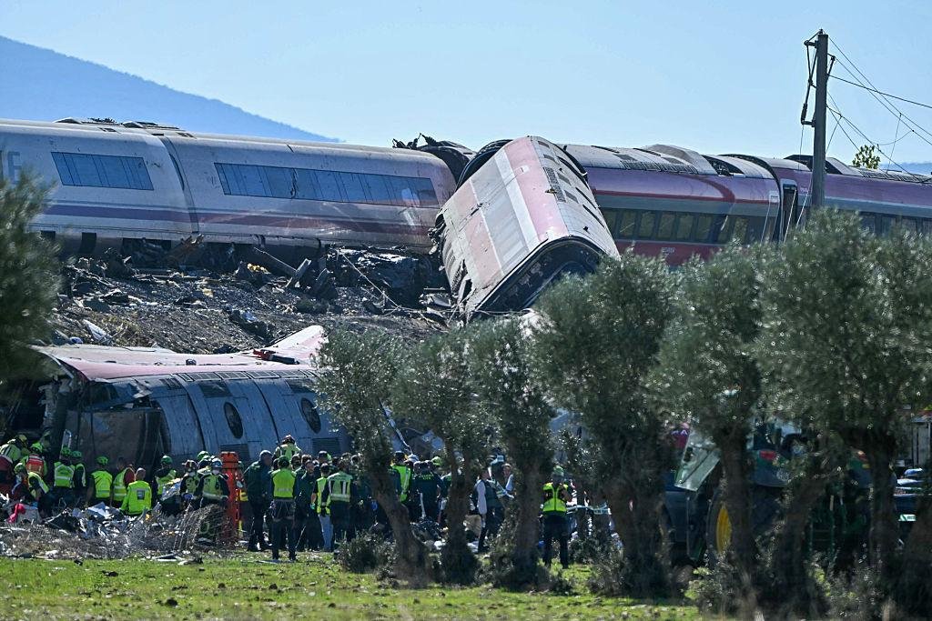 Rescue teams at the site of the Spain high-speed train accident near Urda on October 28, 2026.