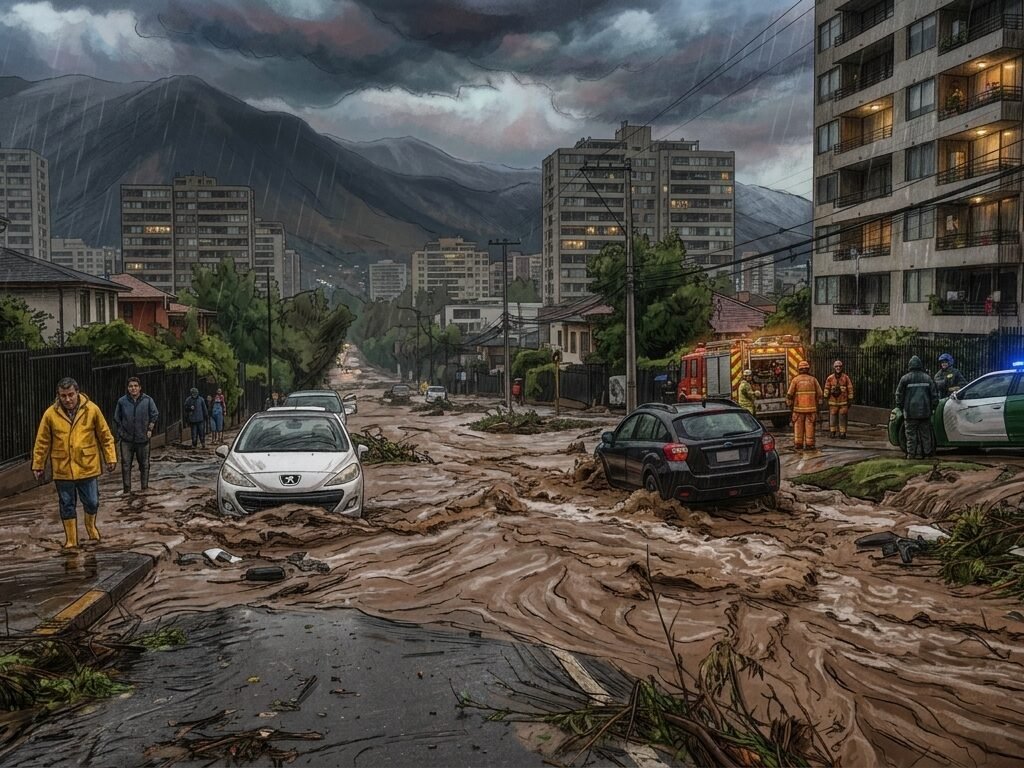 Flash flooding and mudflow damage in Las Condes, Santiago, Chile, on October 8, 2026.