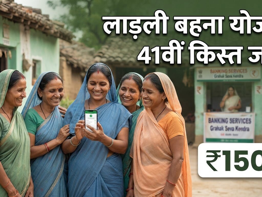 Create a professional 16:9 featured image for a Hindi government scheme news website about Madhya Pradesh Ladli Behna Yojana 41st installment 2026. Show a group of ordinary Indian women beneficiaries in a rural Madhya Pradesh setting, with a subtle bank payment and financial assistance concept in the background. Use a clean, credible Indian news editorial style, realistic photography, sharp details, balanced composition, green and white color palette with subtle saffron accents. Include large, clear Hindi headline text: “लाड़ली बहना योजना” and “41वीं किस्त जारी”. Add a prominent but tasteful “₹1500” graphic. Keep the text correctly spelled, readable on mobile screens, and away from the edges. Do not include government logos, fake official seals, watermarks, or misleading claims. High-quality web thumbnail, 16:9 aspect ratio.